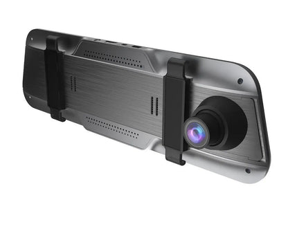Black 10-inch touchscreen car driving recorder integrated into a rearview mirror design