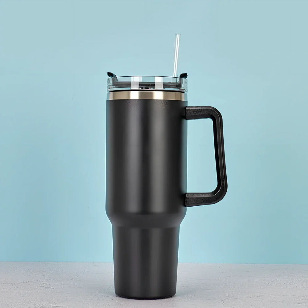 Black 40 oz stainless steel thermos cup with handle, double-wall insulation, Nordic style for office or outdoor use