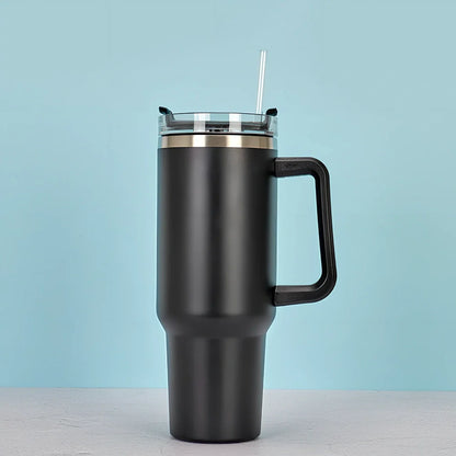 Black 40 oz stainless steel thermos cup with handle, double-wall insulation, Nordic style for office or outdoor use