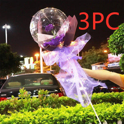 Transparent LED luminous balloon rose bouquet with artificial flowers and illuminated lights