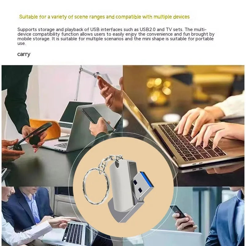 Small white metal USB flash drive with rotation mechanism showing USB connector
