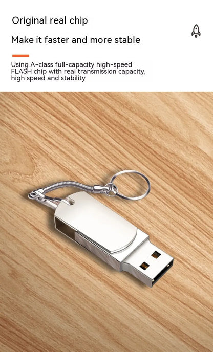 Small white metal USB flash drive with rotation mechanism showing USB connector