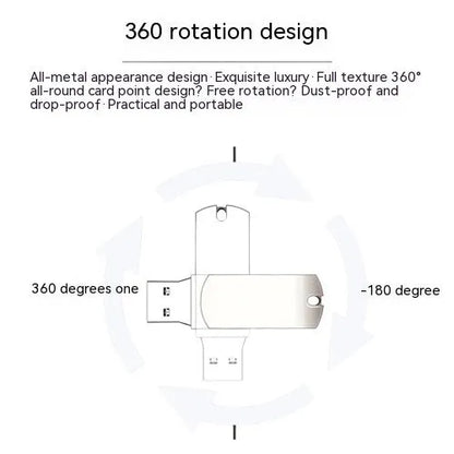Small white metal USB flash drive with rotation mechanism showing USB connector