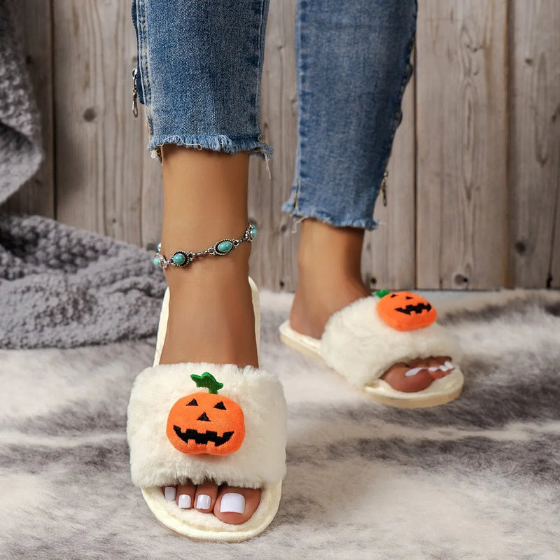 Halloween Pumpkin Plush Slippers with Anti-Slip PVC Sole and Synthetic Fur Upper in Sizes 36-41 for Indoor Home Wear