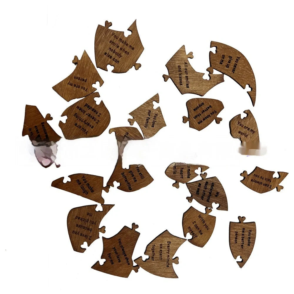 Wooden heart puzzle with love messages for romantic gifts, light brown color.