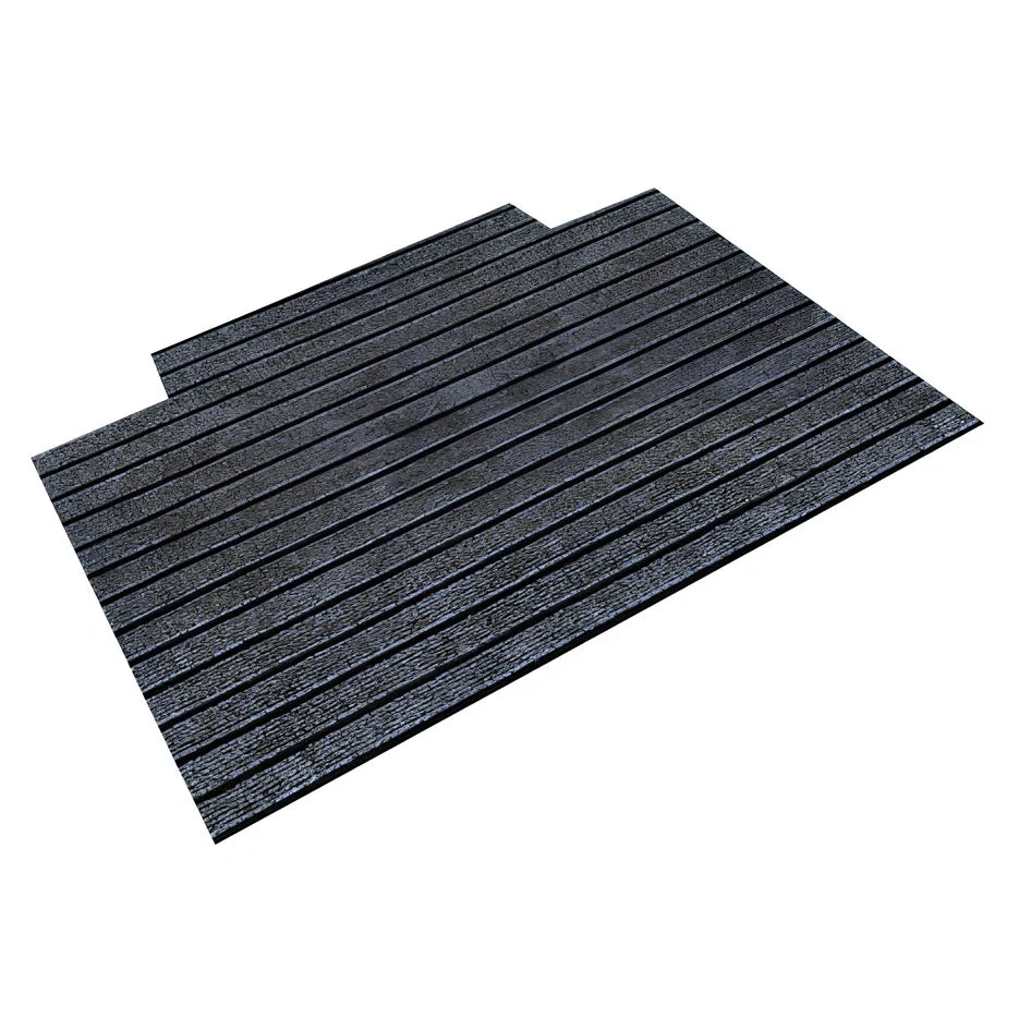PVC kitchen floor mat with seven-stripe design in camel colour showing machine-woven texture