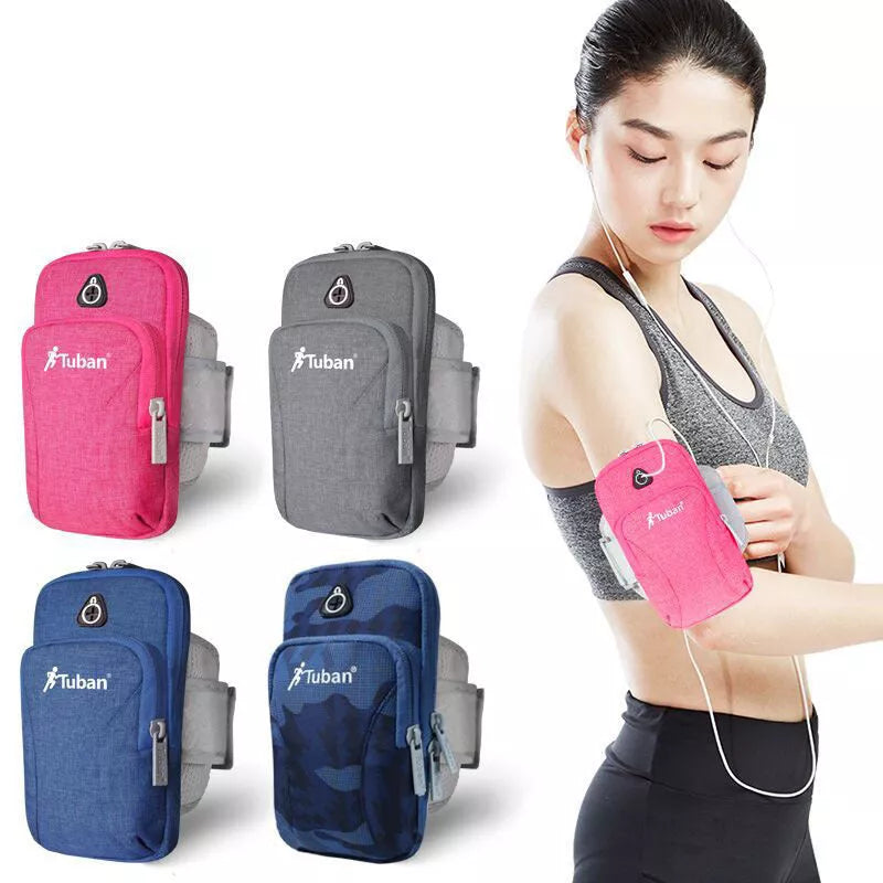 Running phone arm bag in blue and pink, adjustable strap, durable Oxford cloth
