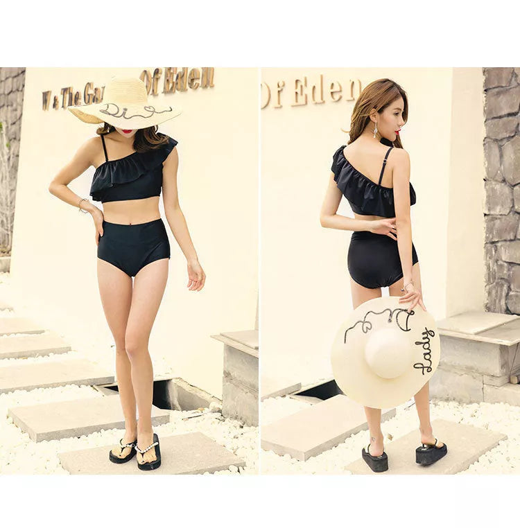 Black Plaid Split Bikini in nylon fabric with quick-dry properties