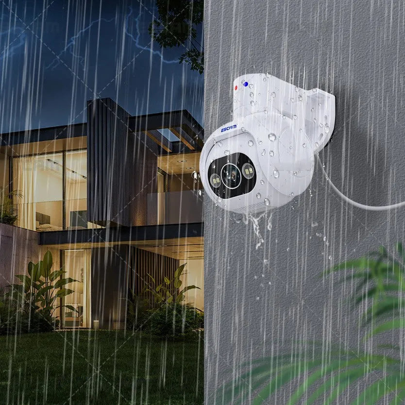 White outdoor security camera with wall mount, featuring smart colour night vision and IP66 waterproof rating.