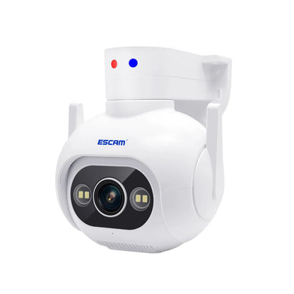 White outdoor security camera with wall mount, featuring smart colour night vision and IP66 waterproof rating.