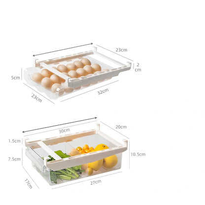 Transparent adjustable fridge egg storage rack with pull-out drawer holding 21 eggs, stackable for kitchen organisation
