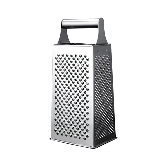 Stainless steel vertical grater with interchangeable plates and weighted base