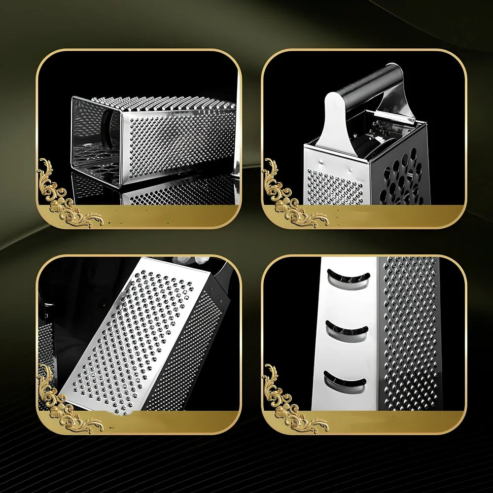 Stainless steel vertical grater with interchangeable plates and weighted base