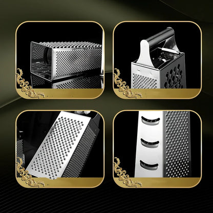 Stainless steel vertical grater with interchangeable plates and weighted base