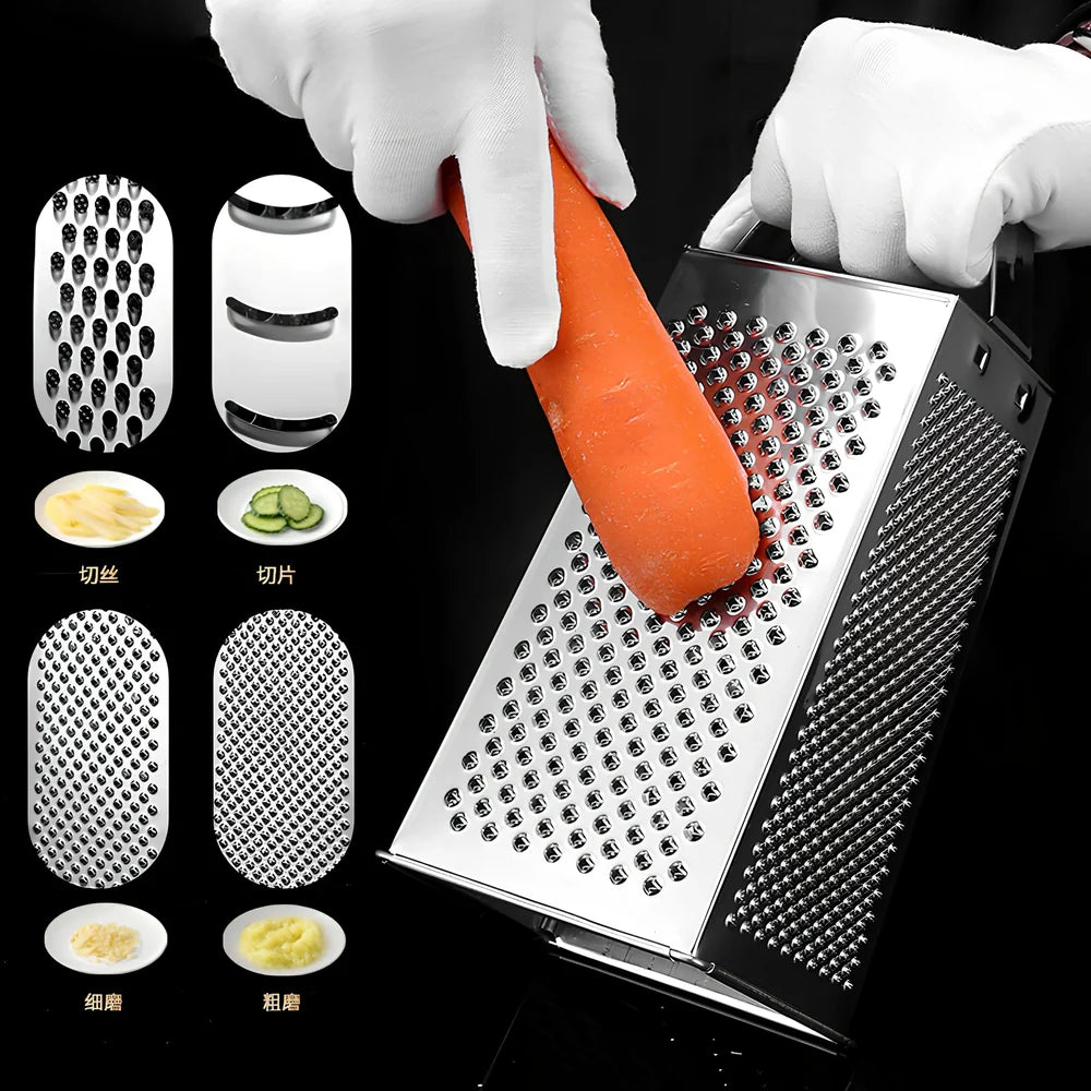 Stainless steel vertical grater with interchangeable plates and weighted base