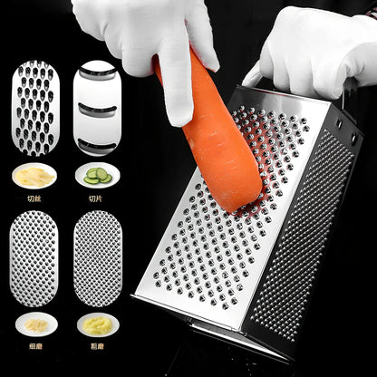 Stainless steel vertical grater with interchangeable plates and weighted base