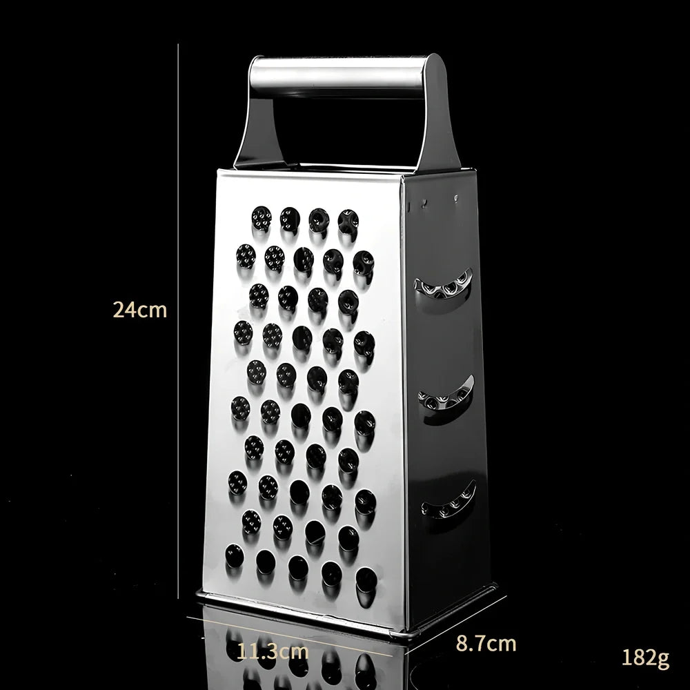 Stainless steel vertical grater with interchangeable plates and weighted base