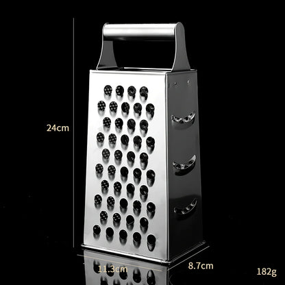 Stainless steel vertical grater with interchangeable plates and weighted base