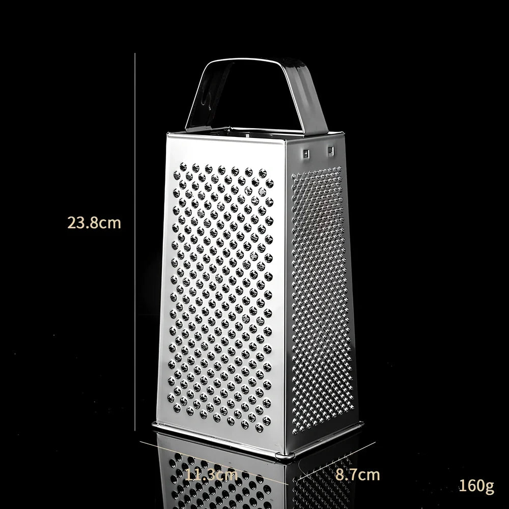 Stainless steel vertical grater with interchangeable plates and weighted base