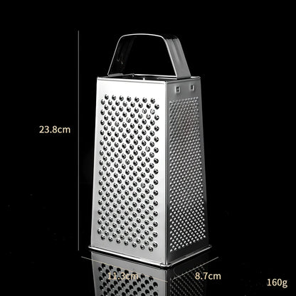 Stainless steel vertical grater with interchangeable plates and weighted base