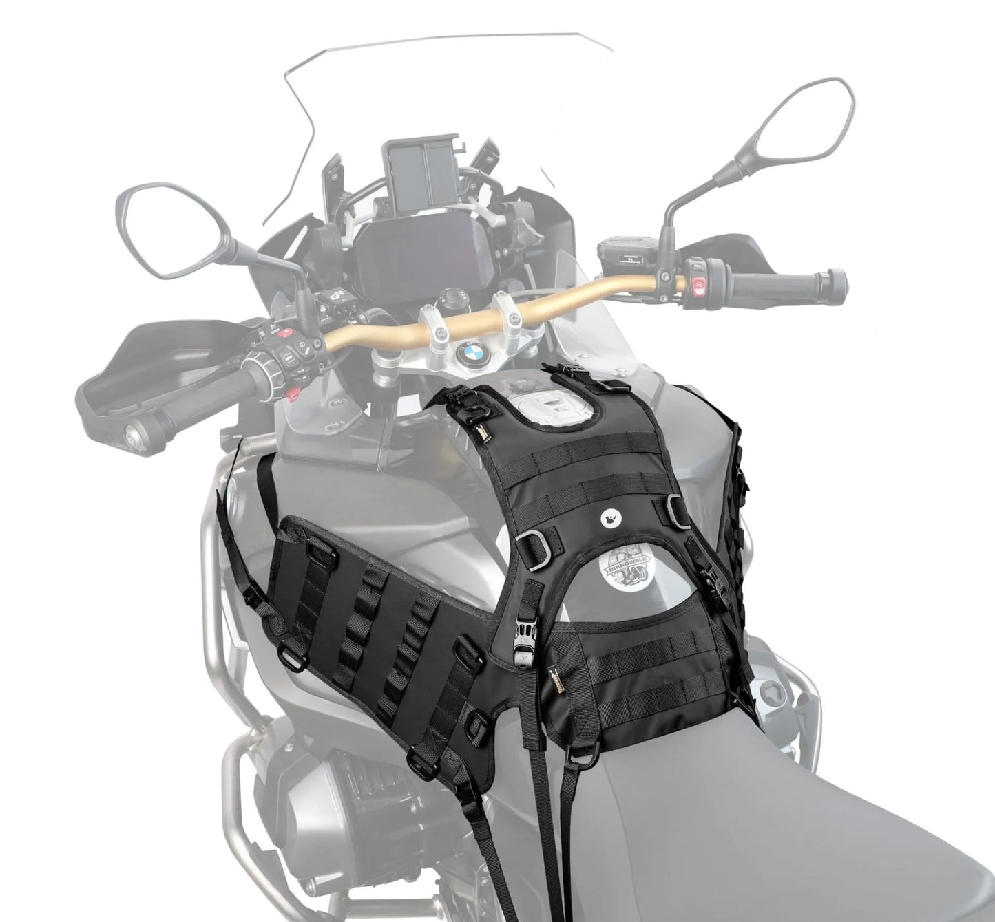 Black motorcycle fuel tank mount base measuring 100x40cm with polyester construction