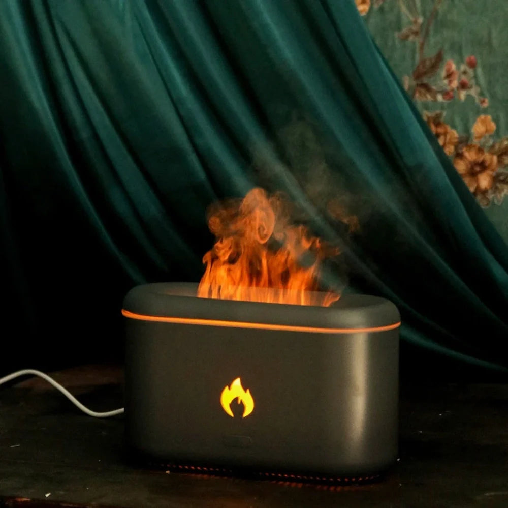 Black and white USB flame aroma diffuser with 300ml water tank for room humidification