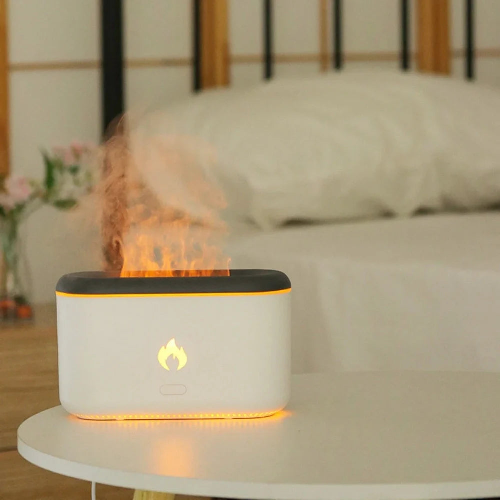 Black and white USB flame aroma diffuser with 300ml water tank for room humidification