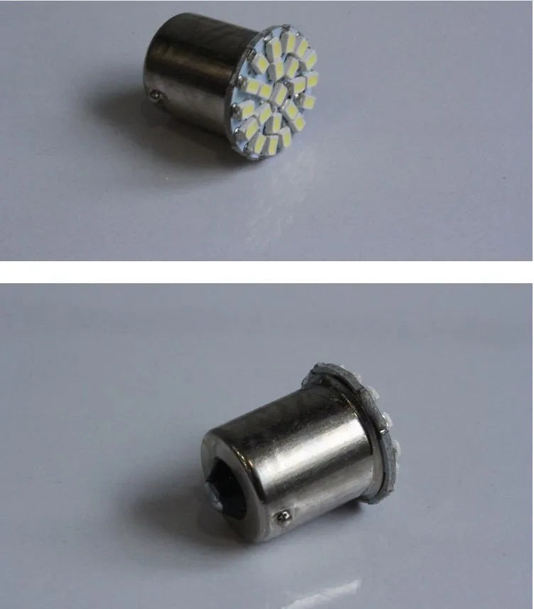 LED automotive brake light and turn signal unit with 22 bulbs for 1156/1157 sockets.