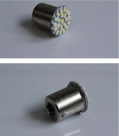 LED automotive brake light and turn signal unit with 22 bulbs for 1156/1157 sockets.