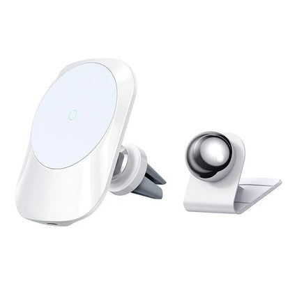 Magnetic car wireless charger with air vent clip and dashboard mount in black or white