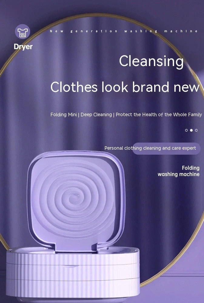 Compact purple folding washing machine with UK plug, measuring 30cm wide with 10L capacity drain basket