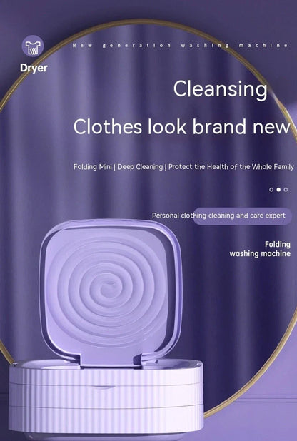 Compact purple folding washing machine with UK plug, measuring 30cm wide with 10L capacity drain basket