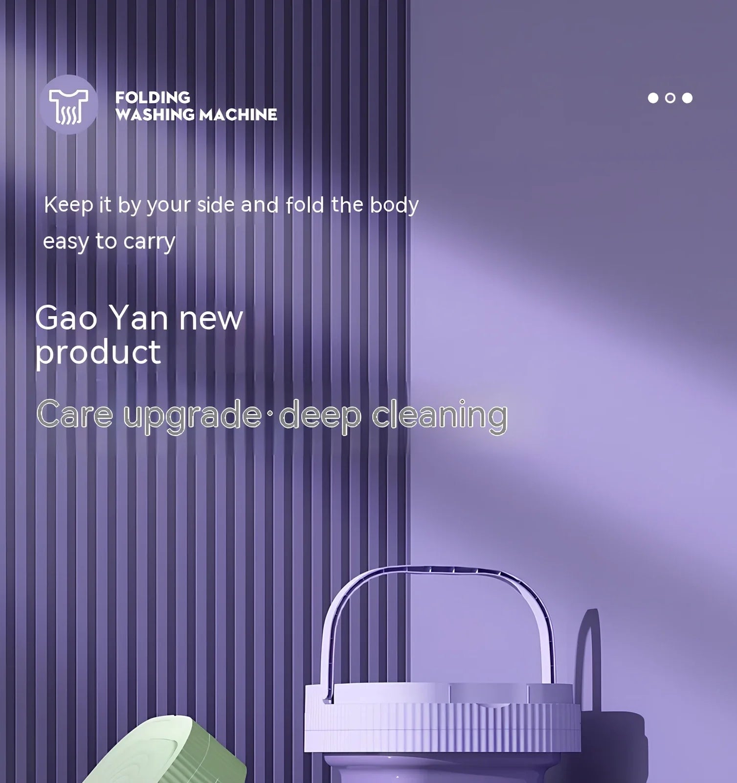 Compact purple folding washing machine with UK plug, measuring 30cm wide with 10L capacity drain basket