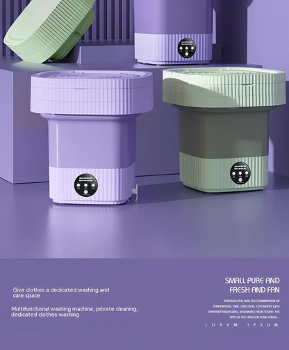 Compact purple folding washing machine with UK plug, measuring 30cm wide with 10L capacity drain basket