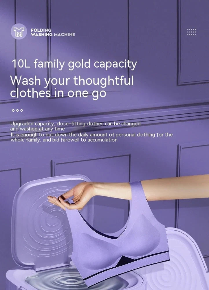Compact purple folding washing machine with UK plug, measuring 30cm wide with 10L capacity drain basket
