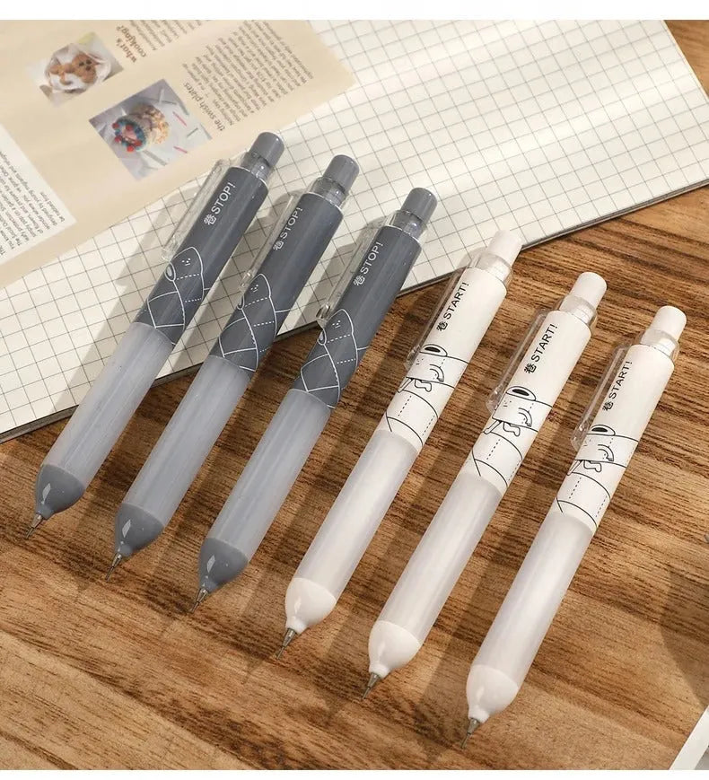 Black and white automatic pencils showing 0.5mm lead tip with minimalist plastic barrel design