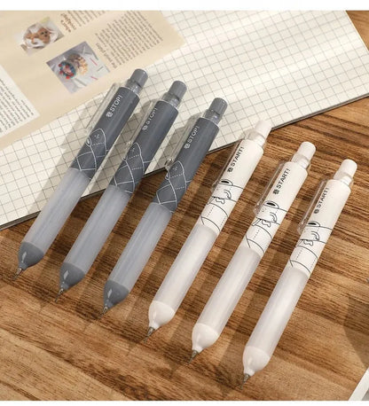 Black and white automatic pencils showing 0.5mm lead tip with minimalist plastic barrel design