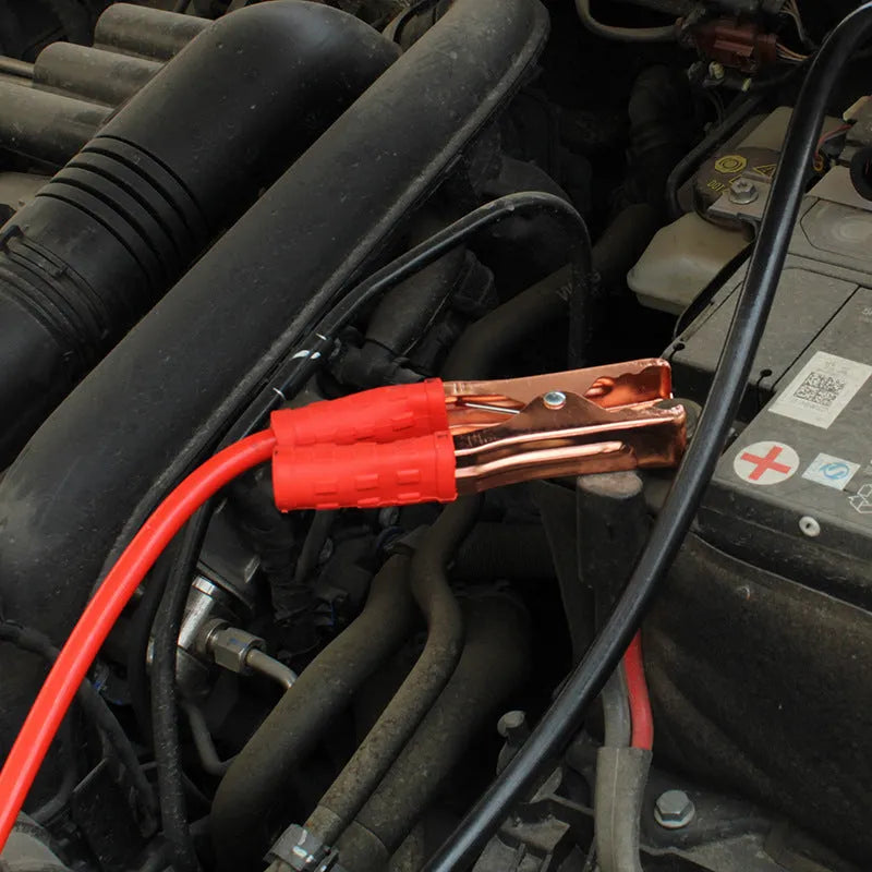 Black and red 500A car battery clip emergency kit with 2 metre PVC cables in OPP storage bag