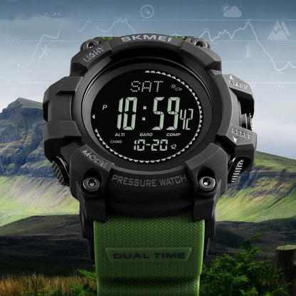 Outdoor sports calendar compass watch with 53mm round dial, metal case, plastic strap, in red, blue, black or Army Green