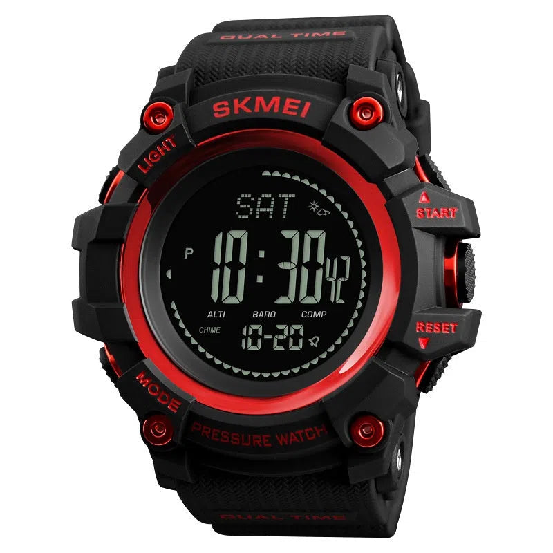 Outdoor sports calendar compass watch with 53mm round dial, metal case, plastic strap, in red, blue, black or Army Green