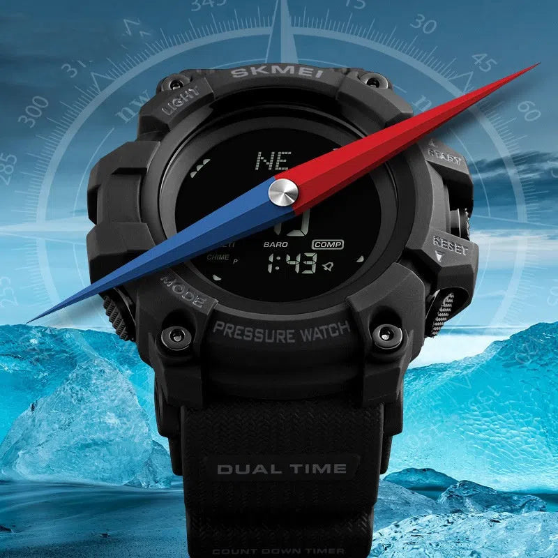 Outdoor sports calendar compass watch with 53mm round dial, metal case, plastic strap, in red, blue, black or Army Green