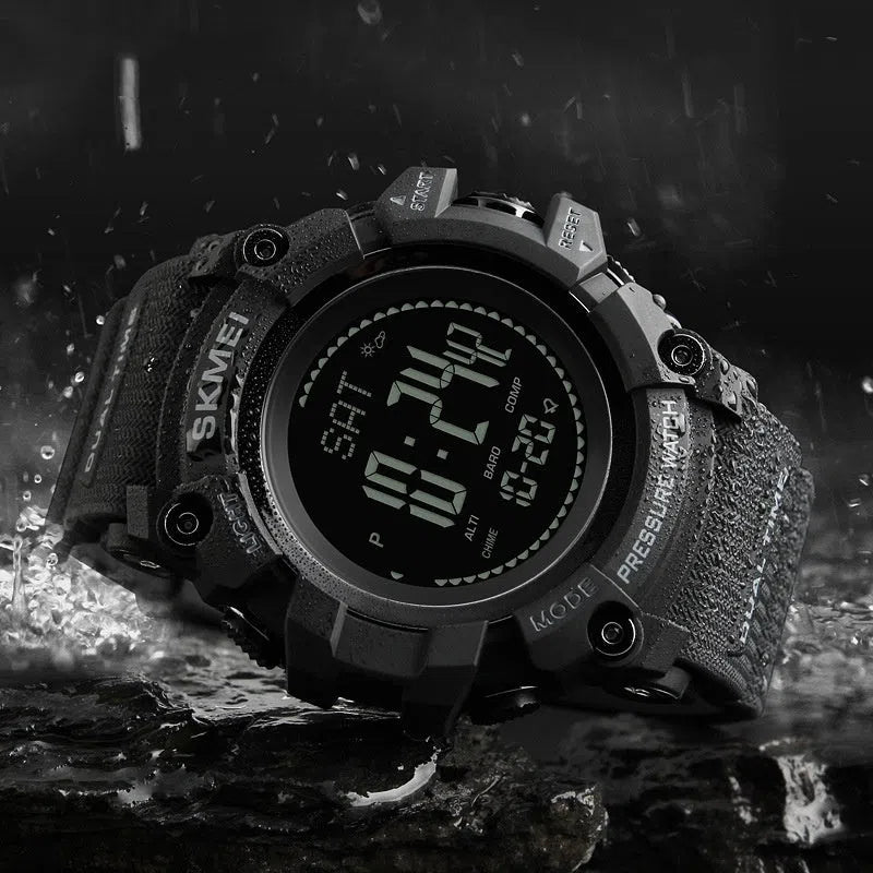 Outdoor sports calendar compass watch with 53mm round dial, metal case, plastic strap, in red, blue, black or Army Green
