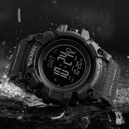 Outdoor sports calendar compass watch with 53mm round dial, metal case, plastic strap, in red, blue, black or Army Green