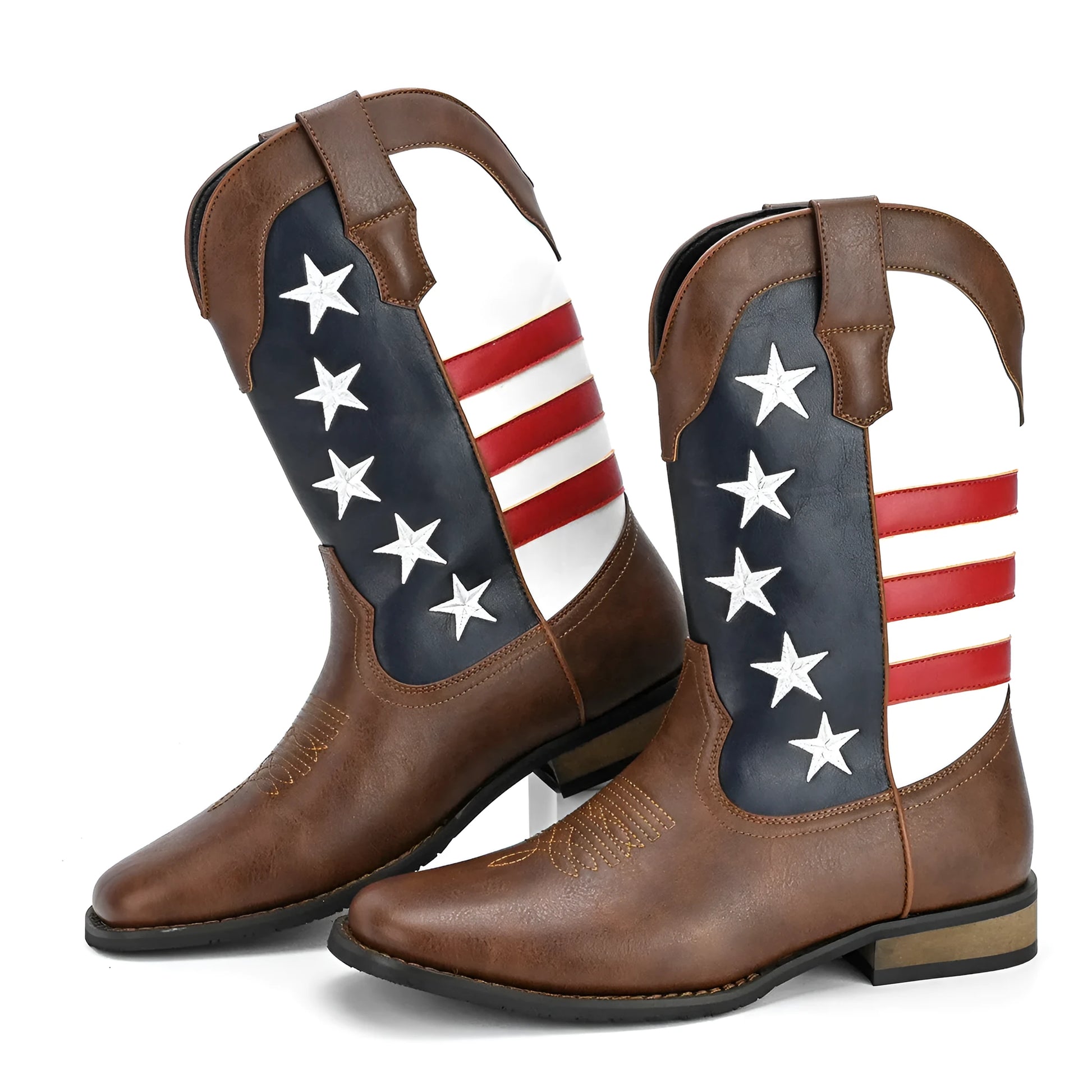 Men's black cowboy boot with five-pointed star design and low square heel