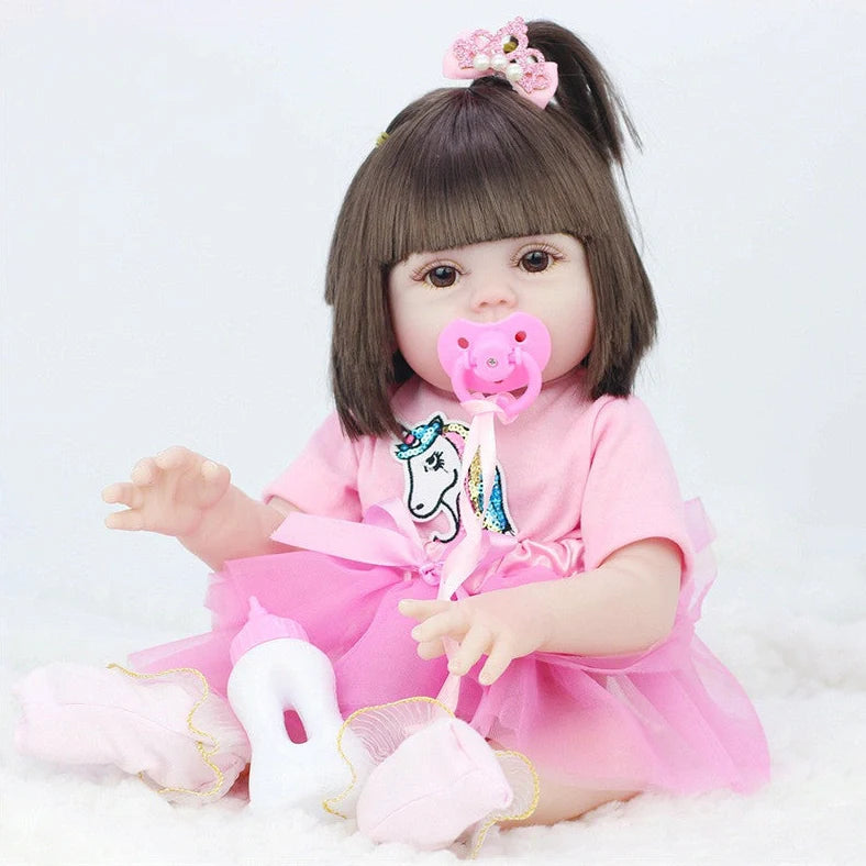 Interactive baby doll with drinking bottle showing 46cm length and 360-degree rotating limbs