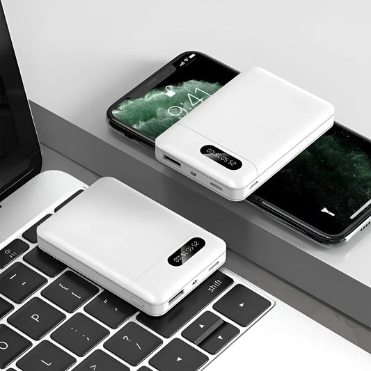 White or black large capacity portable power bank showing dimensions and USB output port.