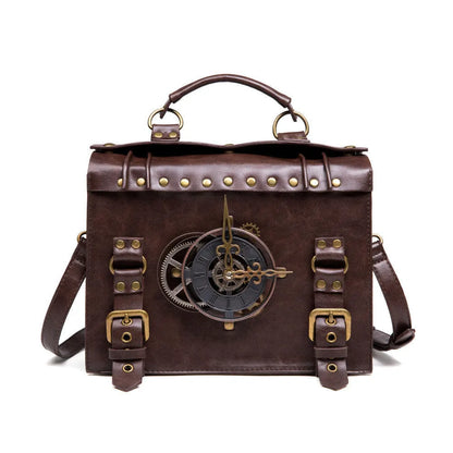 Bronze steampunk industrial retro style PU leather shoulder bag with metal details and a square pillow shape.