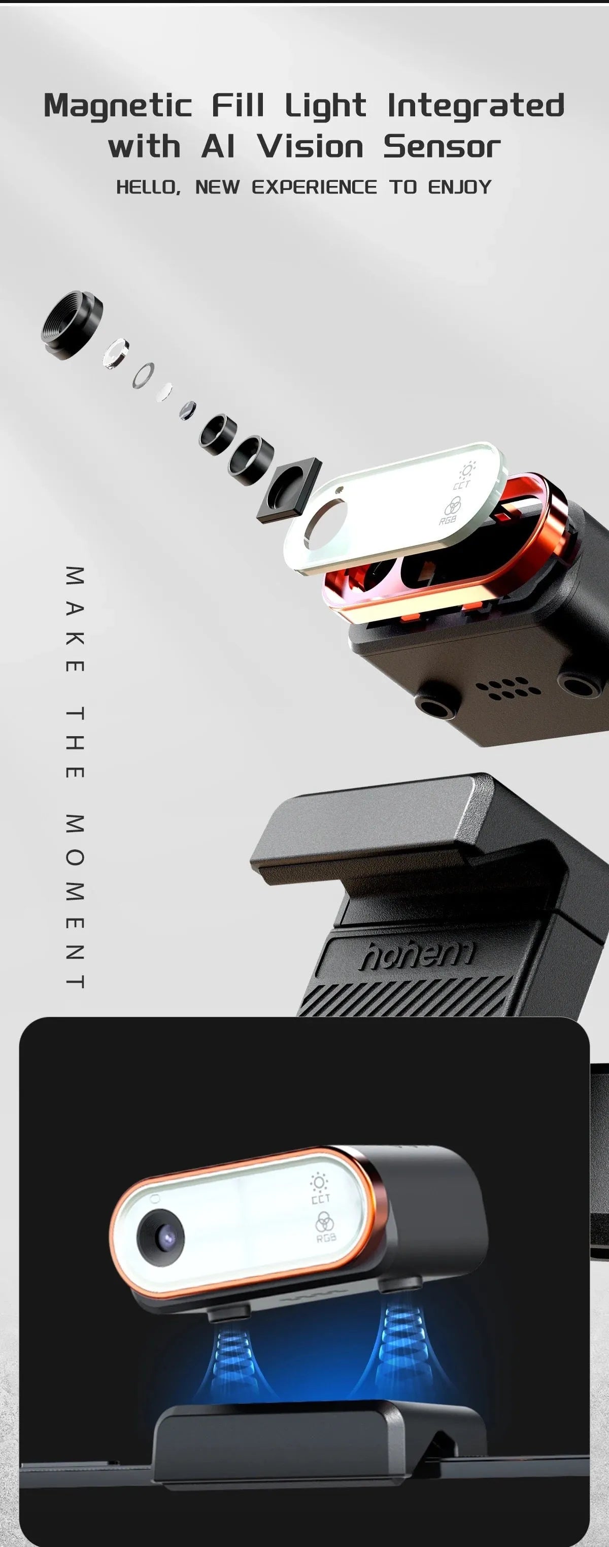 Black smartphone stabiliser with magnetic AI fill light and three-axis gimbal on tripod