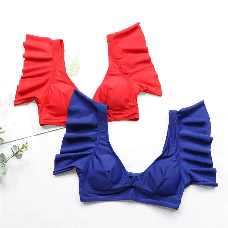 Women's two-piece swimsuit in red, yellow, or blue, lightweight polyester fabric