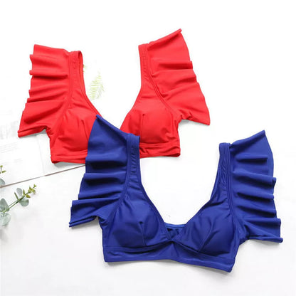 Women's two-piece swimsuit in red, yellow, or blue, lightweight polyester fabric